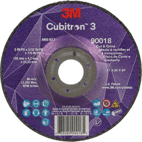 Meule &agrave; couper & tronçonner Cubitron 3, 5" x 5/32", Arbre de 7/8", Type T27, Grain de 36+, C&eacute;ramique Ontario Packaging