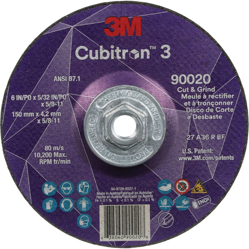 Meule &agrave; couper & tronçonner Cubitron 3, 6" x 5/32", Arbre de 5/8"-11, Type T27, Grain de 36+, C&eacute;ramique Ontario Packaging