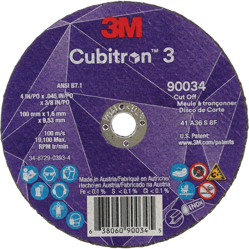 Meule &agrave; tronçonner Cubitron 3, 4" x 0,045", Arbre de 3/8", Type T1, C&eacute;ramique, 21000 Tr/min Ontario Packaging
