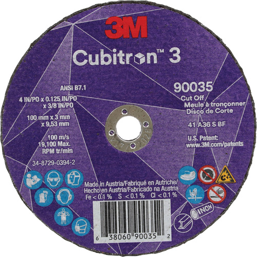Cubitron 3 Cut-Off Wheel, 4" x 1/8", 3/8" Arbor, Type T1, Ceramic, 21000 RPM Ontario Packaging