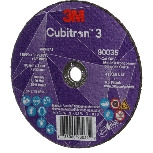 Cubitron 3 Cut-Off Wheel, 4" x 1/8", 3/8" Arbor, Type T1, Ceramic, 21000 RPM Ontario Packaging