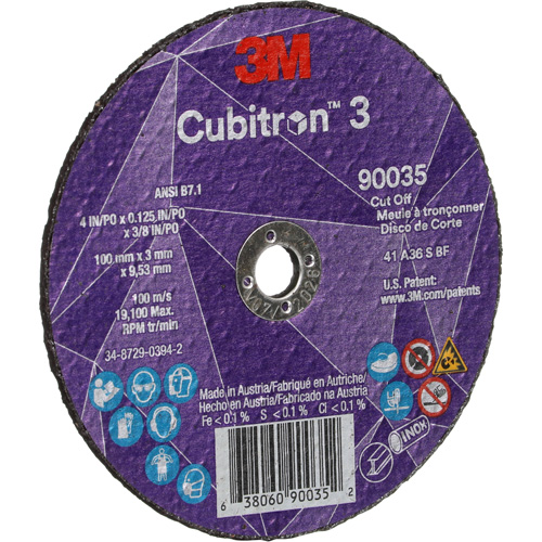 Cubitron 3 Cut-Off Wheel, 4" x 1/8", 3/8" Arbor, Type T1, Ceramic, 21000 RPM Ontario Packaging