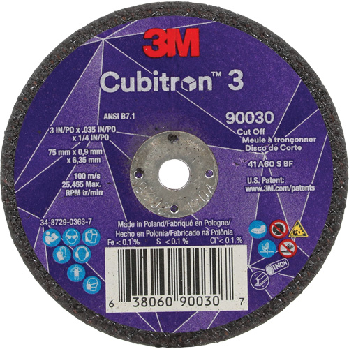 Meule &agrave; tronçonner Cubitron 3, 3" x 0,035", Arbre de 1/4", Type T1, C&eacute;ramique, 21000 Tr/min Ontario Packaging
