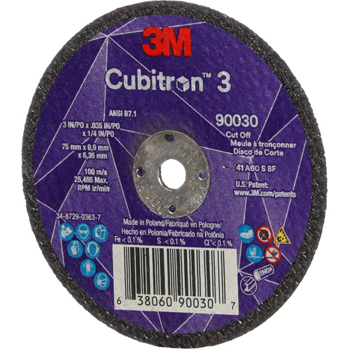 Meule &agrave; tronçonner Cubitron 3, 3" x 0,035", Arbre de 1/4", Type T1, C&eacute;ramique, 21000 Tr/min Ontario Packaging