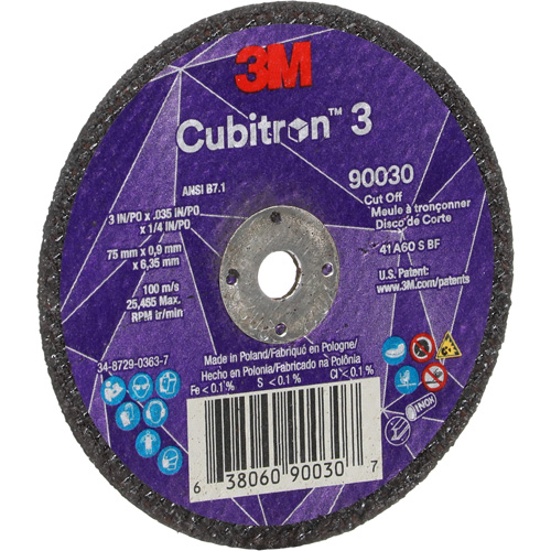 Meule &agrave; tronçonner Cubitron 3, 3" x 0,035", Arbre de 1/4", Type T1, C&eacute;ramique, 21000 Tr/min Ontario Packaging