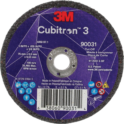Cubitron 3 Cut-Off Wheel, 3" x 0.035", 3/8" Arbor, Type T1, Ceramic, 21000 RPM Ontario Packaging
