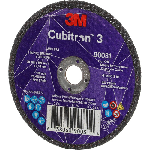 Cubitron 3 Cut-Off Wheel, 3" x 0.035", 3/8" Arbor, Type T1, Ceramic, 21000 RPM Ontario Packaging