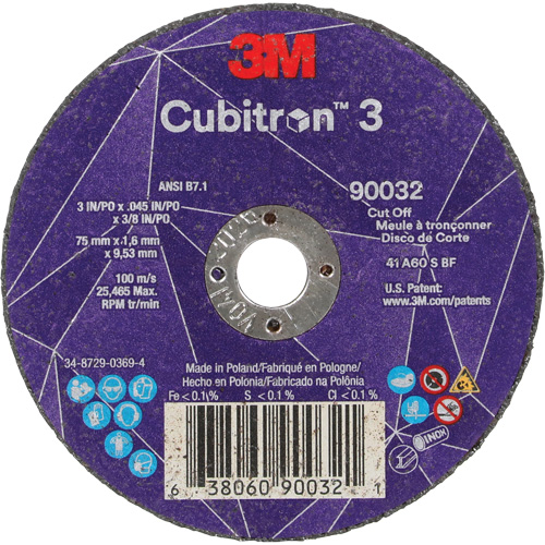 Meule &agrave; tronçonner Cubitron 3, 3" x 0,045", Arbre de 3/8", Type T1, C&eacute;ramique, 21000 Tr/min Ontario Packaging