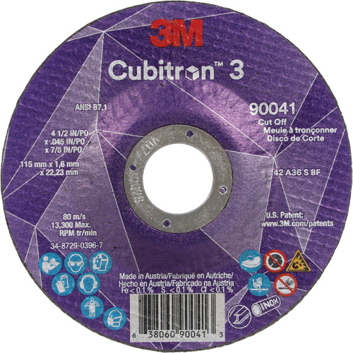 Meule &agrave; tronçonner Cubitron 3, 4-1/2" x 0,045", Arbre de 7/8", Type T27, C&eacute;ramique, 13 300 Tr/min Ontario Packaging