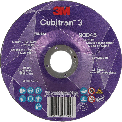 Cubitron 3 Cut-Off Wheel, 5" x 0.045", 7/8" Arbor, Type T27, Ceramic, 12250 RPM Ontario Packaging