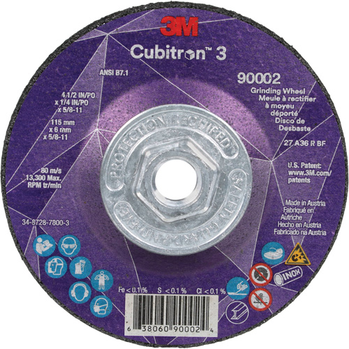 Meule a moyeu d&eacute;port&eacute; Cubitron 3, 4-1/2" x 1/4", Arbre 5/8"-11, C&eacute;ramique, Type T27 Ontario Packaging