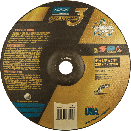 Quantum 3 SG Depressed Center Grinding Wheel, 9" x 1/4", 7/8" Arbor, Type 28, Ceramic, 6600 RPM Ontario Packaging