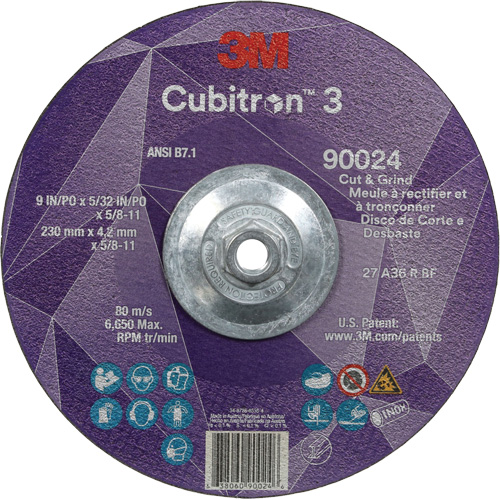 Cubitron 3 Cut and Grind Wheel, 9" x 5/32", 5/8"-11 Arbor, Type 27, 36 Grit, Ceramic Ontario Packaging
