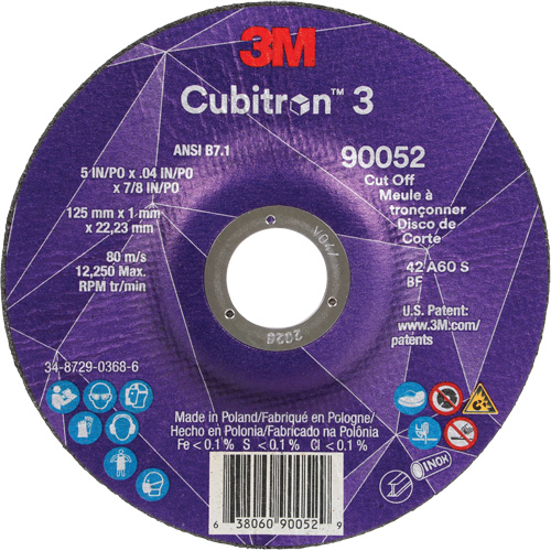 Meule &agrave; tronçonner Cubitron 3, 5" x 0,04", Arbre de 7/8", Type 27, C&eacute;ramique, 60 Tr/min Ontario Packaging