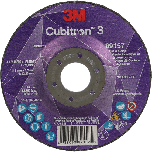 Cubitron 3 Cut and Grind Wheel, 4-1/2" x 1/8", 7/8" Arbor, Type 27, 36 Grit, Ceramic Ontario Packaging