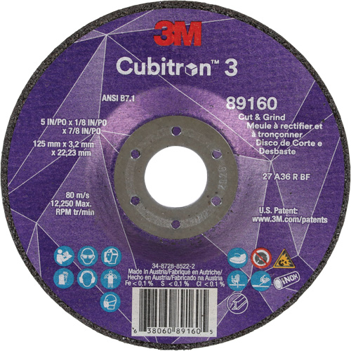 Cubitron 3 Cut and Grind Wheel, 5" x 1/8", 7/8" Arbor, Type 27, 36 Grit, Ceramic Ontario Packaging