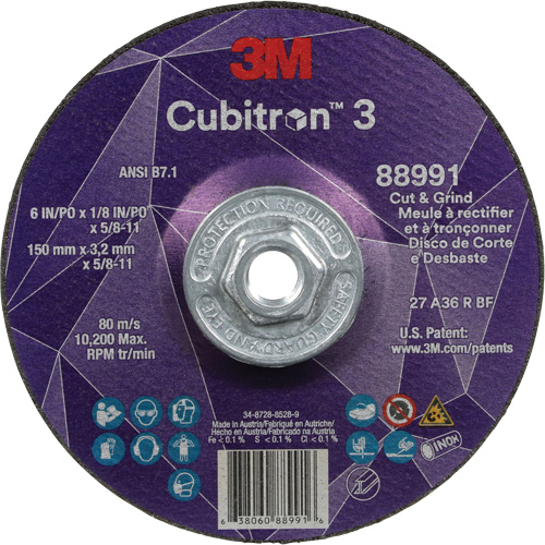 Cubitron 3 Cut and Grind Wheel, 6" x 1/8", 5/8"-11 Arbor, Type 27, 36 Grit, Ceramic Ontario Packaging