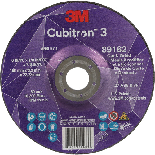 Meule &agrave; rectifier et &agrave; tronçonner Cubitron 3, 6" x 1/8", Arbre de 7/8", Type 27, Grain de 36, C&eacute;ramique Ontario Packaging