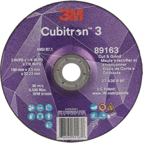 Meule &agrave; rectifier et &agrave; tronçonner Cubitron 3, 7" x 1/8", Arbre de 7/8", Type 27, Grain de 36, C&eacute;ramique Ontario Packaging