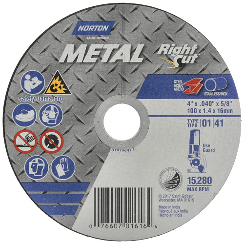 Meule &agrave; tronçonner m&eacute;tallique pour coupe &agrave; angle droit RightCut, 4-1/2" x 0,04", Arbre de 7/8", Type 01/41, Oxyde d'aluminium, 13580 Tr/min Ontario Packaging