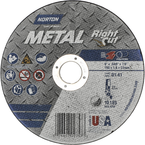 Meule &agrave; tronçonner m&eacute;tallique pour coupe &agrave; angle droit RightCut, 6" x 0,04", Arbre de 7/8", Type 01/41, Oxyde d'aluminium, 10185 Tr/min Ontario Packaging