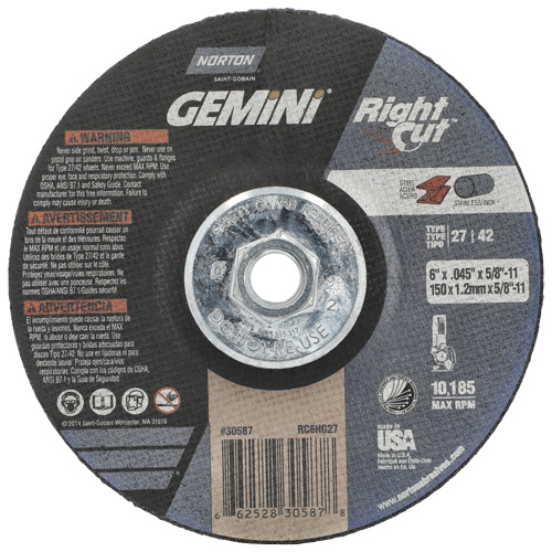Gemini RightCut Right Angle Cut-Off Wheel, 6" x 0.045", 5/8"-11 Arbor, Type 27/42, Aluminum Oxide, 10185 RPM Ontario Packaging
