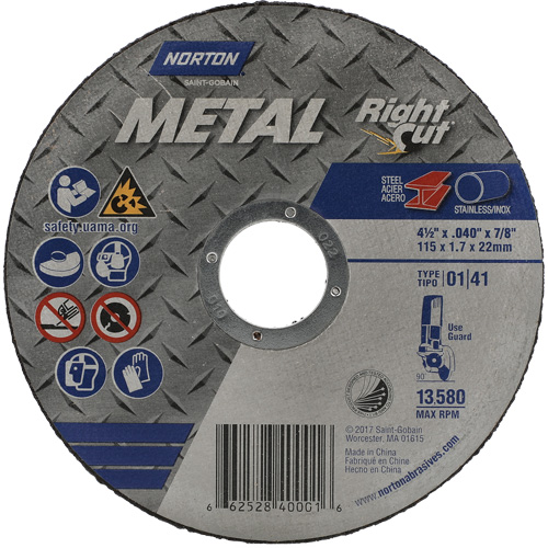 Metal RightCut Right Angle Cut-Off Wheel, 4-1/2" x 0.045", 7/8" Arbor, Type 01/41, Aluminum Oxide, 13580 RPM Ontario Packaging