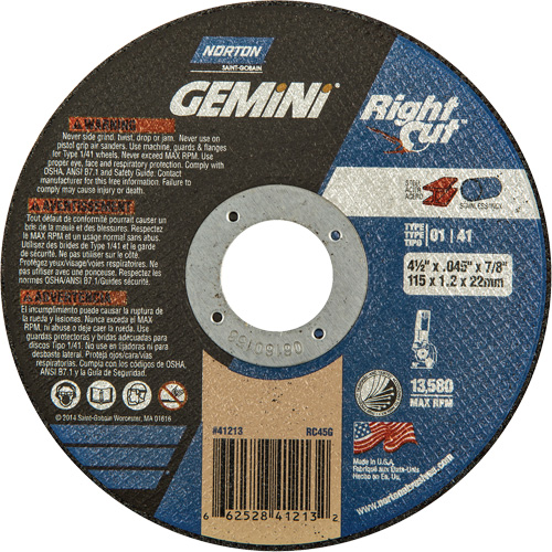 Meule &agrave; tronçonner pour coupe &agrave; angle droit RightCut Gemini, 4-1/2" x 0,045", Arbre de 7/8", Type 01/41, Oxyde d'aluminium, 13580 Tr/min Ontario Packaging