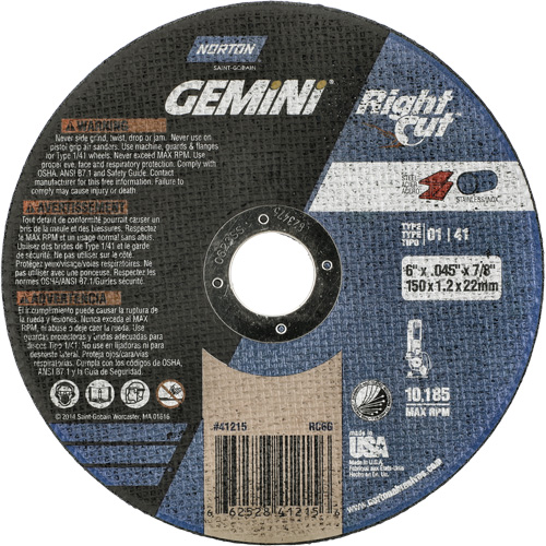 Gemini RightCut Right Angle Cut-Off Wheel, 6" x 0.045", 7/8" Arbor, Type 01/41, Aluminum Oxide, 10185 RPM Ontario Packaging