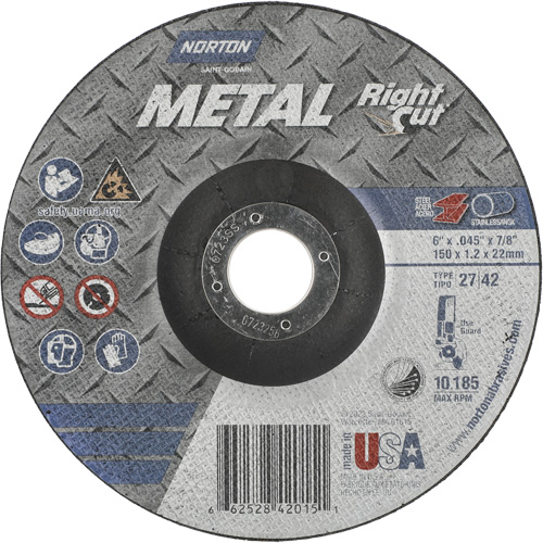 Meule &agrave; tronçonner m&eacute;tallique pour coupe &agrave; angle droit RightCut, 6" x 0,045", Arbre de 7/8", Type 27/42, Oxyde d'aluminium, 10190 Tr/min Ontario Packaging