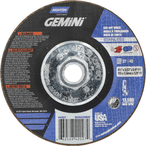 Gemini INOX/SS Right Angle Cut-Off Wheel, 4-1/2" x 3/32", 5/8"-11 Arbor, Type 27/42, Aluminum Oxide, 13580 RPM Ontario Packaging