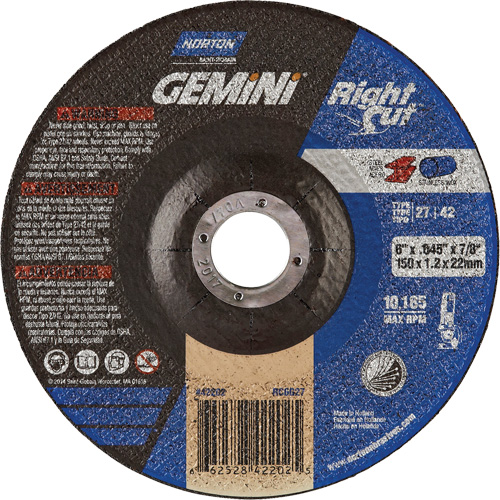 Gemini RightCut Right Angle Cut-Off Wheel, 6" x 0.045", 7/8" Arbor, Type 27/42, Aluminum Oxide, 10185 RPM Ontario Packaging