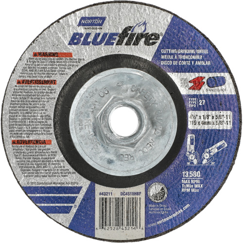 BlueFire Grinding & Cutting Wheel, 4-1/2" x 1/8", 5/8"-11 Arbor, Type 27, Zirconia Alumina Ontario Packaging