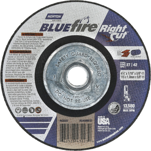 Meule &agrave; tronçonner pour coupe &agrave; angle droit RightCut BlueFire, 4-1/2" x 1/16", Arbre de 5/8"-11, Type 27/42, Oxyde d'aluminium, 13580 Tr/min Ontario Packaging