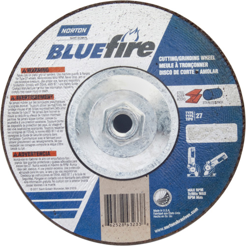 BlueFire Grinding & Cutting Wheel, 7" x 1/8", 5/8"-11 Arbor, Type 27, Zirconia Alumina Ontario Packaging