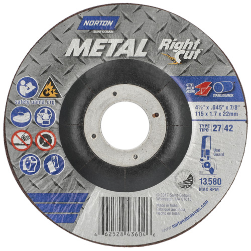 Metal RightCut Right Angle Cut-Off Wheel, 4-1/2" x 0.045", 7/8" Arbor, Type 27, Aluminum Oxide, 13580 RPM Ontario Packaging