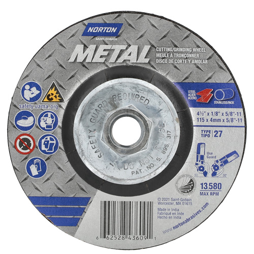 Metal Grinding & Cutting Wheel, 4-1/2" x 1/8", 5/8"-11 Arbor, Type 27, Aluminum Oxide Ontario Packaging