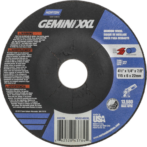 Gemini XXL Grinding Wheel, 4-1/2" x 1/4", 7/8" Arbor, Aluminum Oxide, Type 27 Ontario Packaging