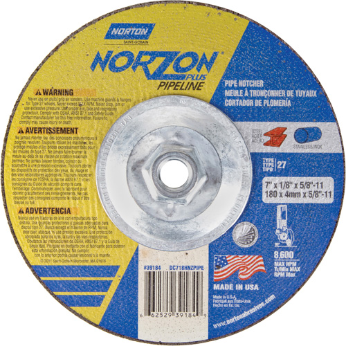 Meule &agrave; tronçonner &agrave; angle droit NorZon Plus SGZ, 7" x 1/8", Arbre de 5/8"-11, Type 27/42, C&eacute;ramique d'alumine, 8600 Tr/min Ontario Packaging