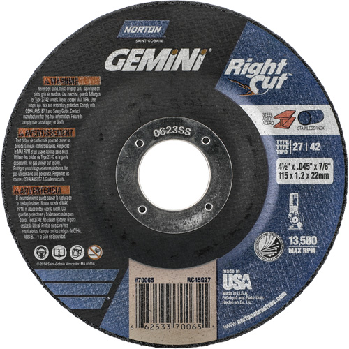 Gemini RightCut Right Angle Cut-Off Wheel, 4-1/2" x 0.045", 7/8" Arbor, Type 27/42, Aluminum Oxide, 13580 RPM Ontario Packaging