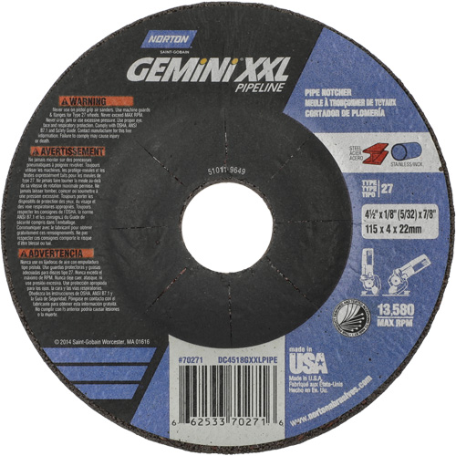 Disque combin&eacute; de meulage et tronçonnage Gemini XXL, 4-1/2" x 1/8", Arbre de 7/8", Type 27, Oxyde d'aluminium Ontario Packaging