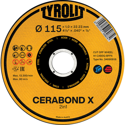 CA60Q-BFPX CERABOND X Cut-Off Wheel, 4-1/2" x 0.039", 7/8" Arbor, Type 1 Ontario Packaging