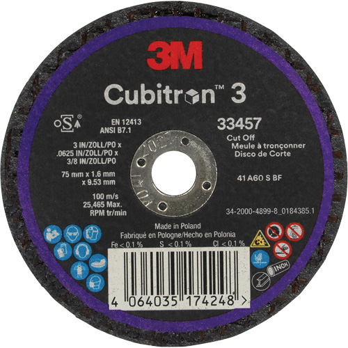 Cubitron 3 Cut-Off Wheel, 3" x 0.063", 3/8" Arbor, Ceramic Ontario Packaging
