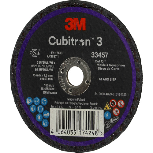 Cubitron 3 Cut-Off Wheel, 3" x 0.063", 3/8" Arbor, Ceramic Ontario Packaging