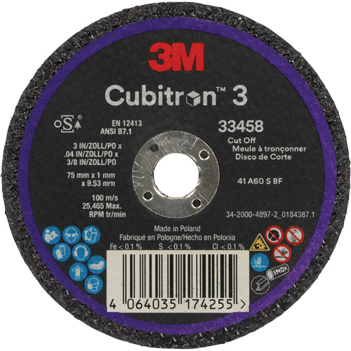 Cubitron 3 Cut-Off Wheel, 3" x 0.039", 3/8" Arbor, Ceramic Ontario Packaging