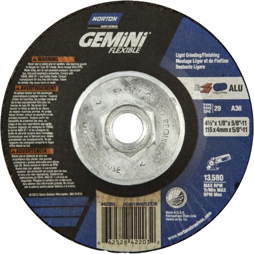 Gemini Flexible A AO Grinding and Cutting Wheel, 4-1/2" x 1/8", 5/8"-11 Arbor, Type 29, Aluminum Oxide, 13580 RPM Ontario Packaging