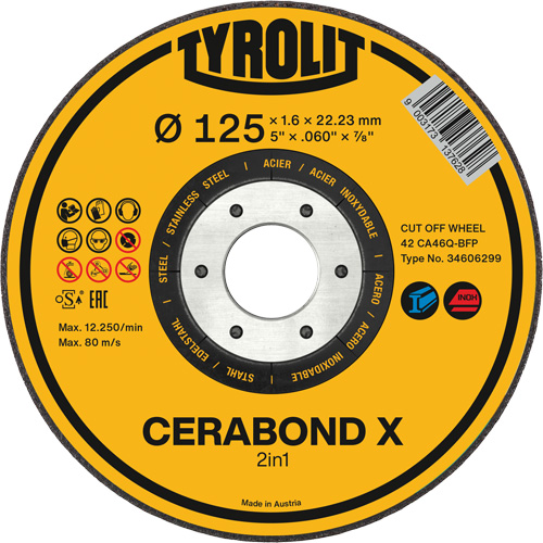 CERABOND X Cut-Off Wheel for Steel & Stainless Steel, 5" x 0.45", 7/8" Arbor, Type 1, Ceramic, 12250 RPM Ontario Packaging