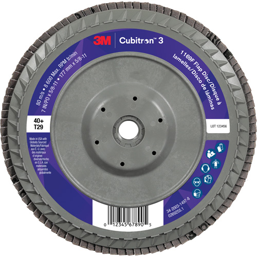 Cubitron 3 Conical  Flap Disc with Quick Change 1169F, 7" x 5/8"-11, Type T29, 40+ Grit, Ceramic Ontario Packaging