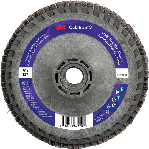 Cubitron 3 Flat Flap Disc with Quick Change 1169F, 4-1/2" x 5/8"-11, Type T27, 60+ Grit, Ceramic Ontario Packaging