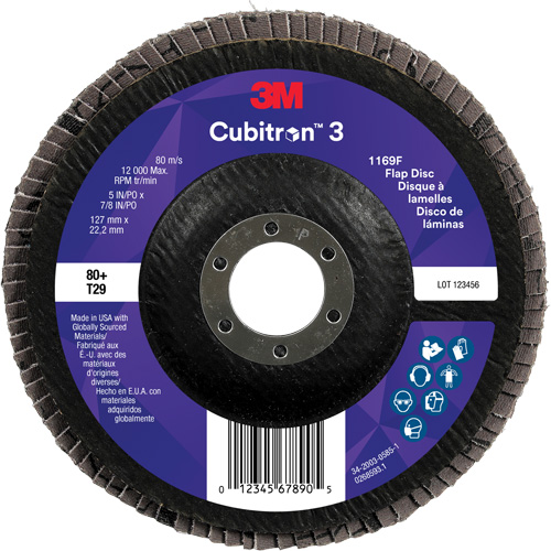 Cubitron 3 Conical  Flap Disc 1169F, 5" x 7/8", Type T29, 80+ Grit, Ceramic Ontario Packaging